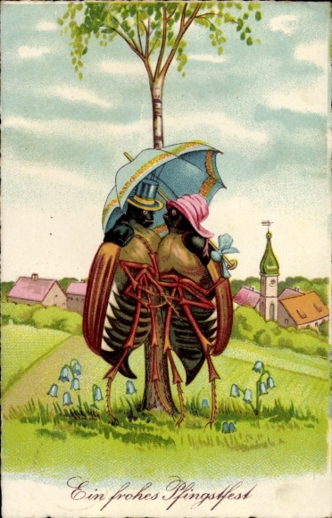 Litho Glückwunsch Pfingsten, Maikäfer, vermenschlicht