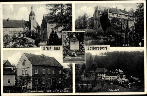Postcard Seifersdorf Wachau Saxony, castle, church, colonial goods P. Schattel