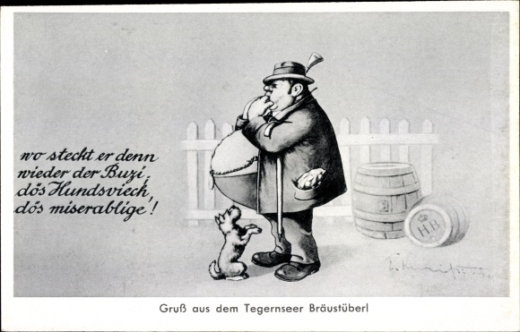 Artist PC Tegernsee in Upper Bavaria, Bräustüberl, man with a big belly is looking for his dog