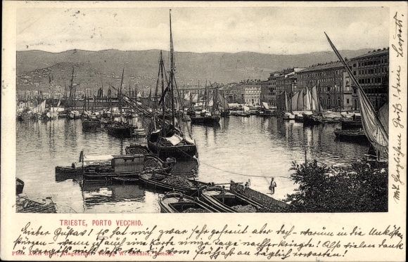 Postcard Trieste Friuli Venezia Giulia, Porto Vechhio, Hafen, KuK Marine, Österreichischer Lloyd