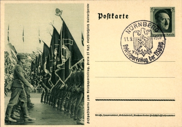Ganzsachen Ak Nürnberg, Reichsparteitag 1937, Reichsarbeitsdienst, Arbeitsmänner, RAD Aufmarsch