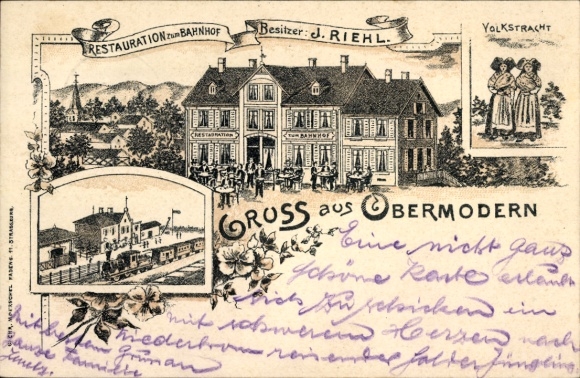 Chromo-Litho Obermodern Zutzendorf Alsace Bas Rhin, train station, track side, restaurant to the train station, traditional costume