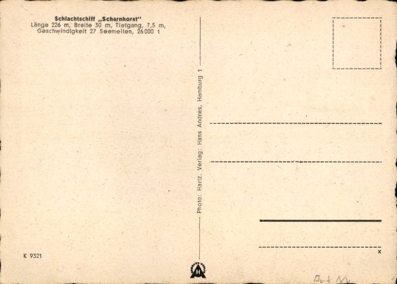 Postcard German warship, battleship Scharnhorst, Kriegsmarine