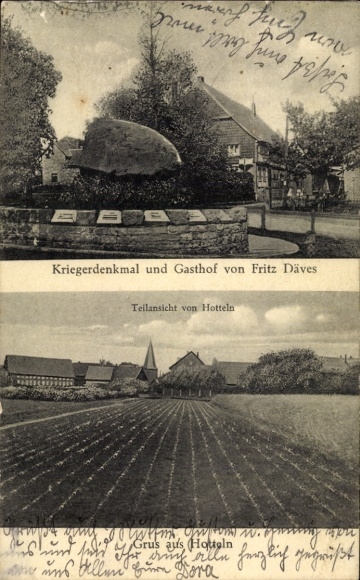 Postcard Hotteln Sarstedt Lower Saxony, war memorial, inn of Fritz Däves