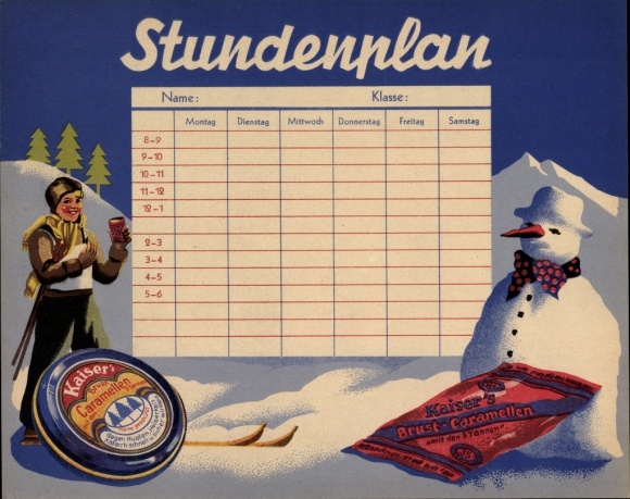 Timetable advertising Kaiser&#39;s breast caramelle, tin can, snowman, ski around 1930