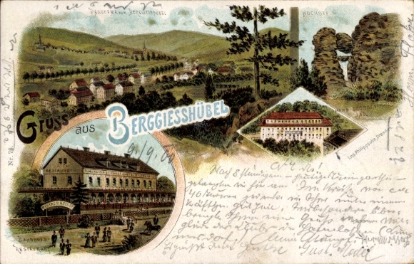 litho Berggießhübel in Saksen, Panorama, Hockstein, Stationsrestaurant