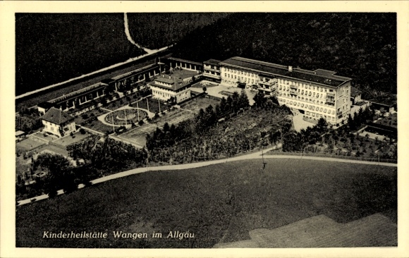Postcard Wangen im Allgäu, aerial view of the children's sanatorium, landscape, architecture