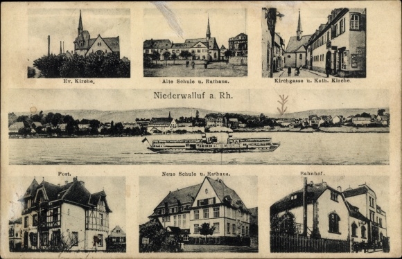 Ak Niederwalluf Walluf im Rheingau Taunus Kreis, Stadtansichten, Kirche, Alte Schule, Rathaus