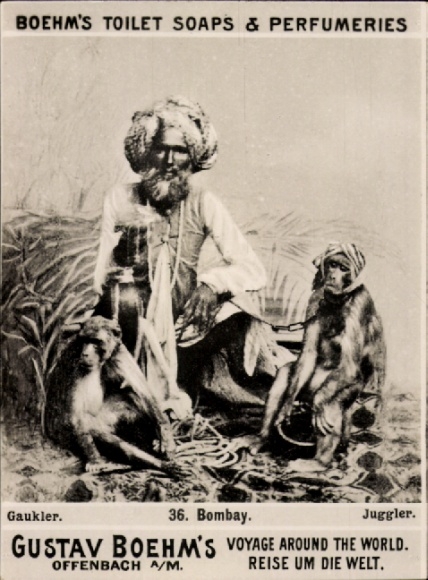 Photo Mumbai Bombay India, juggler with monkey, advertising Boehm's Toilet Soaps