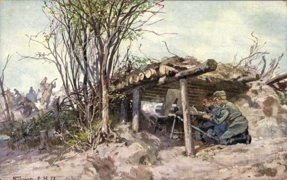 Künstler Ak Reservefähnrich Schützenregiment Nr. 3, KuK Armee, Maschinengewehr