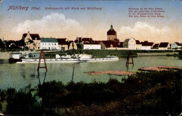 Ak Mühlberg an der Elbe, Hafenpartie mit Blick auf Mühlberg, Gedicht auf der Vorderseite