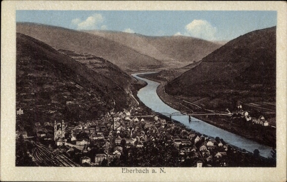 Postcard Eberbach am Neckar Odenwald Baden, city view with river, mountains, churches, houses, bridge