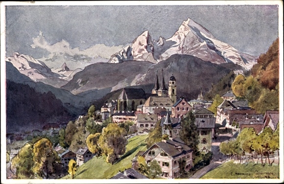 Kunstenaarsbriefkaart Compton, Edward Harrison, Berchtesgaden in Opper-Beieren, panorama