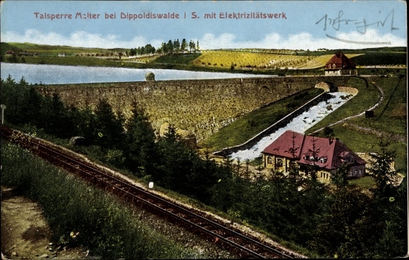 Postcard Malter Dippoldiswalde in the Eastern Ore Mountains, dam with electricity plant, railway tracks