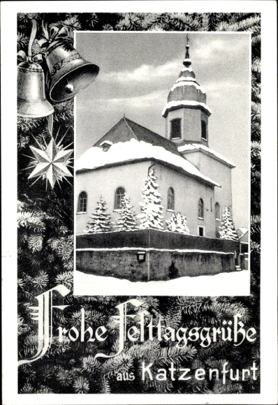 Postcard Katzenfurt Ehringshausen in Hesse, church, winter, happy holiday greetings