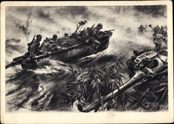 Artist PC Deutsche Wehrmacht, German assault boats set across the sea