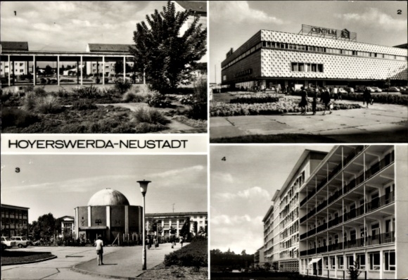 Postcard Neustadt Hoyerswerda in Upper Lusatia, Centrum department store, planetarium, POS, district hospital