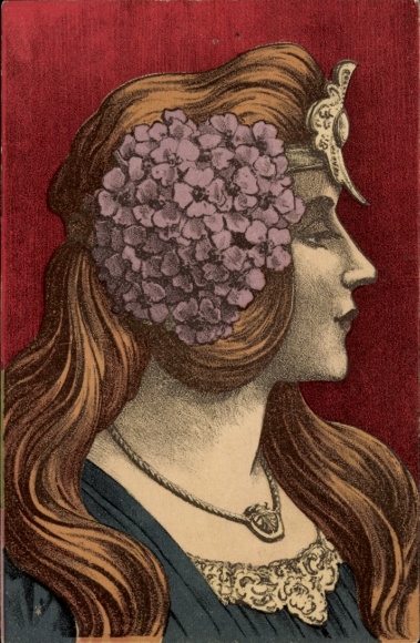 Künstler Ak Seitenportrait einer Damen mit Blumen Haarschmuck