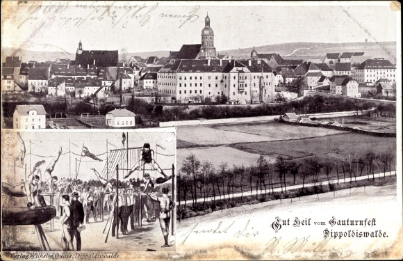 Postcard Dippoldiswalde in the Ore Mountains, Gauturnfest, general view