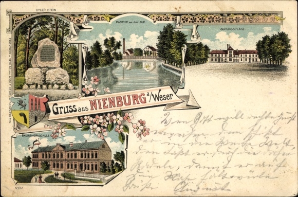 Chromo-Litho Nienburg an der Weser, Schlossplatz, building trade school, Oyler Stein, coat of arms