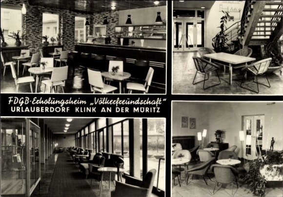 Ak Klink an der Müritz Mecklenburg, FDGB-Erholungsheim, Völkerfreundschaft, moderne Sitzgelege...