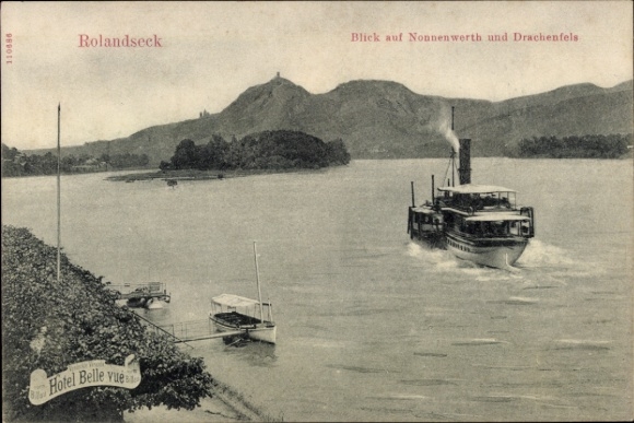 KP Rolandseck Remagen nad Renem, widok na Nonnenwerth i Drachenfels, parowiec, Hotel Belle v