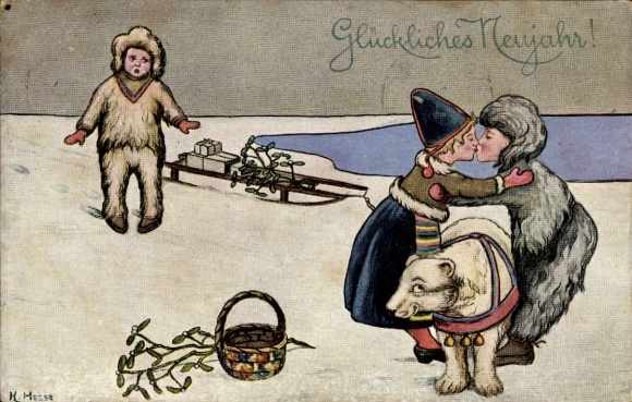Artist Postcard Happy New Year, lovers, sleigh, mistletoe