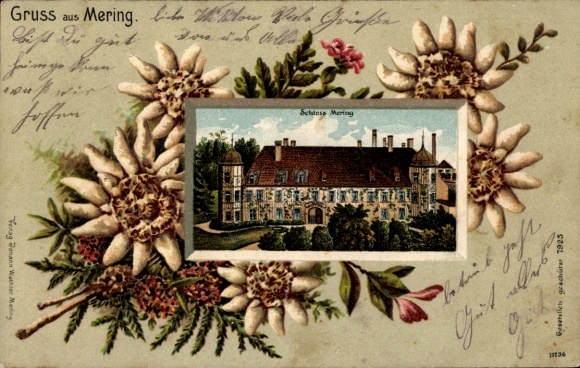 Präge Passepartout Litho Mering in Schwaben, Schloss, Edelweiß