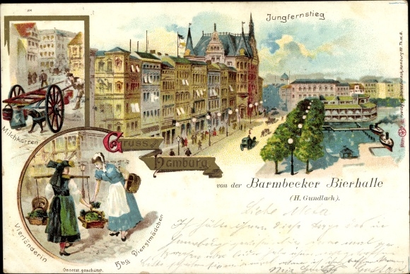 lito Hamburg, Jungfernstieg, wózek z mlekiem, kobieta z Vierländer, pokojówka z Hamburga