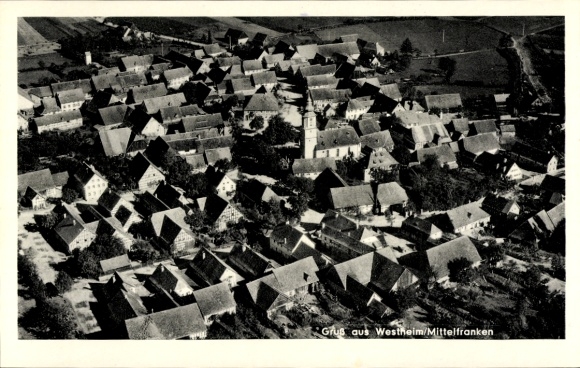 KP Westheim (dzielnica Weißenburg-Gunzenhausen) Środkowa Frankonia, widok z lotu ptaka na Westheim, wiele dachów