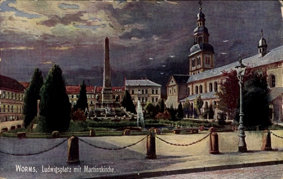 Artist Postcard Worms am Rhein, Ludwigplatz, St. Martin's Church, Obelisk, WIRO 1949