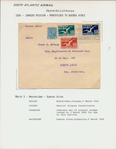 Letter Airmail Deutsche Lufthansa, South Atlantic, 1926 Junkers Mission Montevideo - Buenos Aires