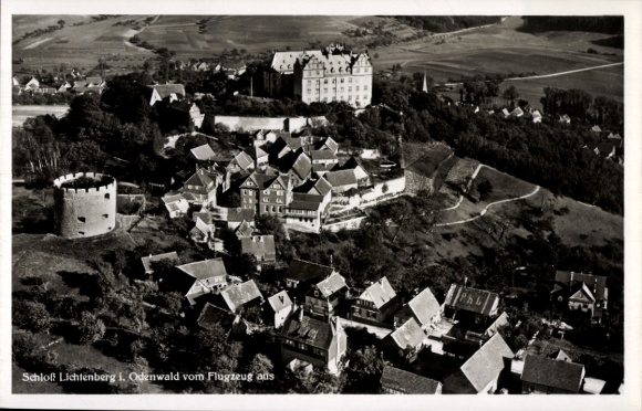 Postcard Lichtenberg Fischbachtal in the Odenwald, aerial photograph, castle