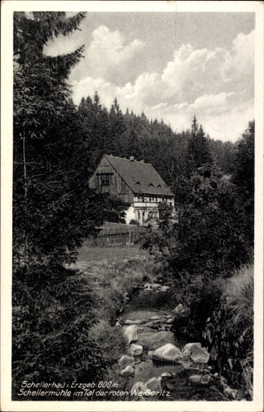 Ak Schellerhau Altenberg im Erzgebirge, Schellermühle, Tal der roten Weißeritz, 800m hoch