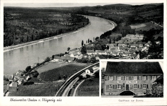 Postcard Rheinweiler in Baden, aerial photograph, Gasthaus zur Sonne