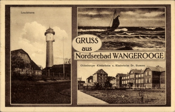 Postcard North Sea resort Wangerooge in East Frisia, lighthouse, Oldenburg children's home