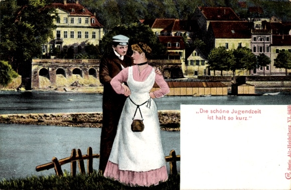 Postcard Heidelberg am Neckar, partial view, lovers, The beautiful times of youth are just like that