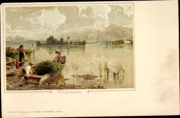 Kunstenaar litho gemeente Chiemsee Opper-Beieren, boten, landschapspanorama