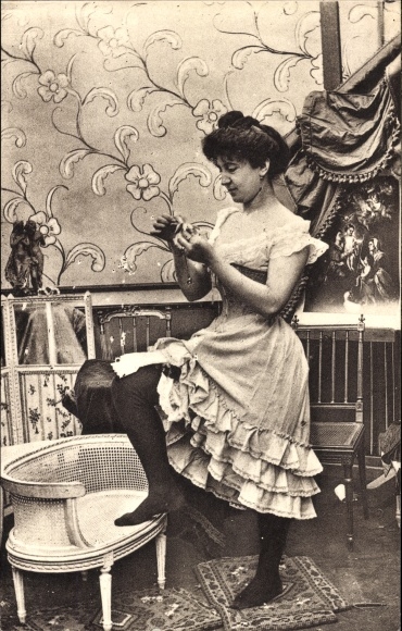 Postcard Parisiennes fin de siecle, woman in underwear, stockings, dress