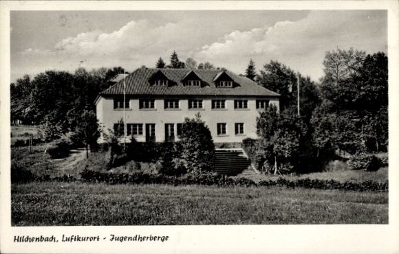 Postcard Hilchenbach, view to the youth hostel, meadow, trees