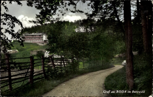 Postcard Roda im Burgwald Rosenthal Hessen, road, building in the background, trees, PC, colored