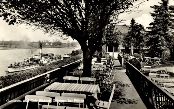 Postcard Dresden Pillnitz, Restaurant and Café Elbblick, ships on the water, restaurant terrace