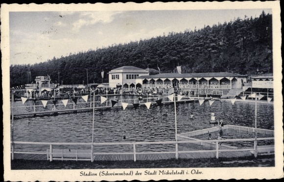 Postcard Michelstadt in the Odenwald, stadium, swimming pool