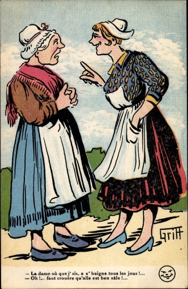Artist Postcard Two women in French costumes talk