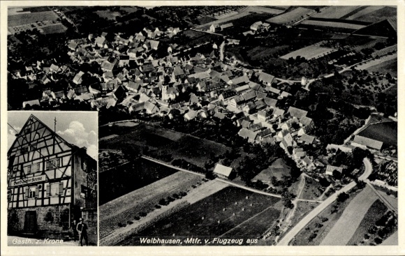 Postcard Weibhausen Wonneberg in Upper Bavaria, aerial photograph, Gasth. z. Krone