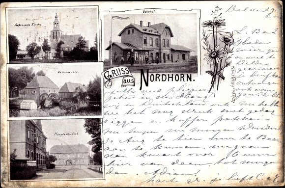 Ak Nordhorn in der Grafschaft Bentheim, Bahnhof, Kirche, Wassermühle, Hauptpostamt