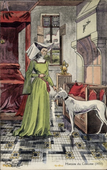 Künstler Ak Histoire du Costume, 1450, Dame mit Hund