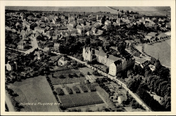 Postcard Hünfeld in Hesse, aerial view of houses, fields, trees