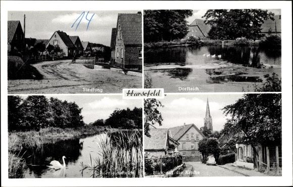 Ak Harsefeld in de wijk Stade, dorpsvijver, nederzetting, kerk, zwaan