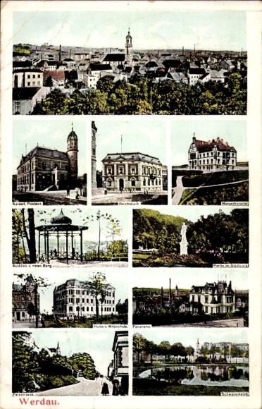 Postcard Werdau in Saxony, train station, secondary school, post office, Reichsbank, community hospital